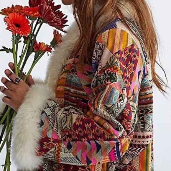 NWOT Free People Caravan Patchwork Dream fur trim Coat Sz L - Picture 4 of 10